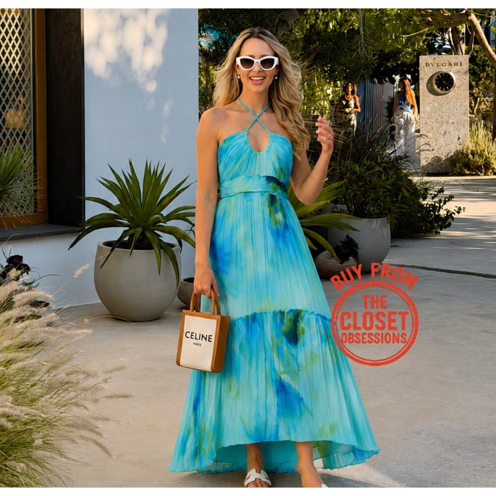 Mango NWT Blue Watercolor Halter Pleated Maxi Dress 6 8 - Picture 3 of 16